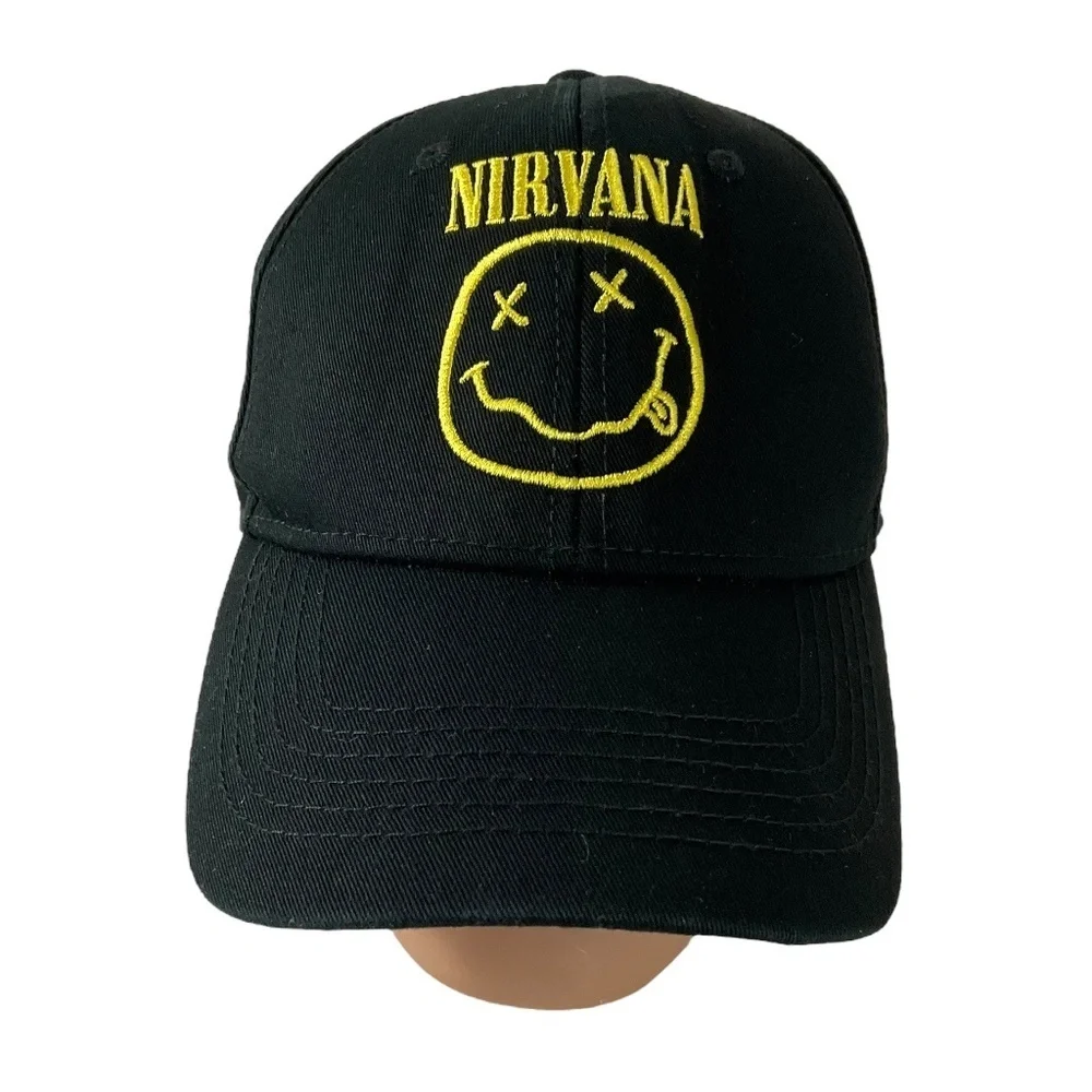 Nirvana Black Baseball Hat Embroidered Yellow Smile Face Logo Adjustable Cap